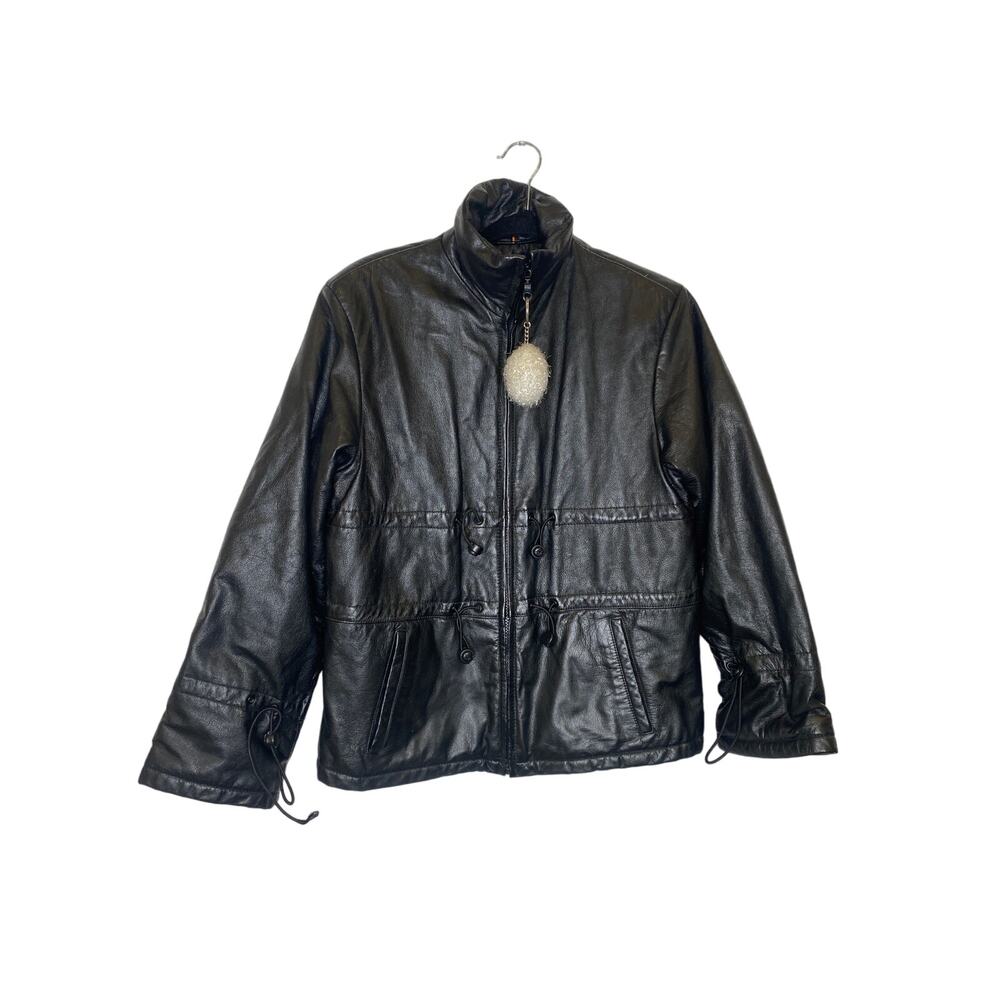 Maxima Wilson’s Leather Vintage Black Zipper Anorak Jacket Pull Cords Sz Sm Y2K